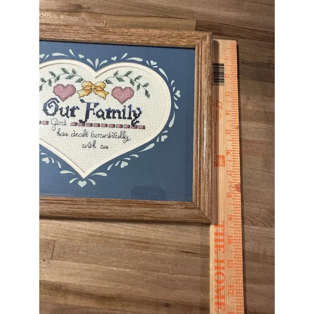 Framed “Our Family” Cross Stitch Sampler Christian Scripture Heart Country Decor